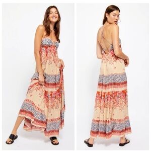 Free People Beige Floral Tiered Maxi Dress with Red and Blue Accents